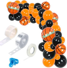 an assortment of basketball balloons and tape on a white background