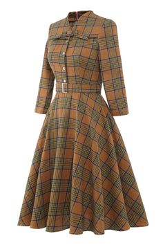 ZAPAKA Women Tartan Dress Grey Coffee Plaid A-line Vintage Dress with Long Sleeves Womens Plaid Dress, Vintage Cotton Dress, Plaid Dress Vintage, Robes Vintage, Pin Up Dresses, Retro Mode, England Fashion, Vestidos Vintage, Moda Vintage