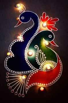 an artistic painting on the wall with lights and candles in it, depicting two peacocks