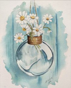 a watercolor painting of daisies in a glass vase hanging from a rope on a blue background