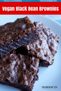 two brownies on a plate with the words vegan black bean brownies