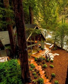 a small cabin nestled in the woods next to a river