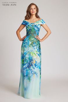 Chiffon Off the Shoulder Print Gown Off The Shoulder Evening Dress, Portrait Neckline, Mom Wedding Dress, Off Shoulder Evening Dress, Elegant Cocktail Dress, Off Shoulder Neckline, Off The Shoulder Sleeves, Printed Gowns, Defined Waist