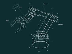 a blueprinted drawing of a robotic arm with parts labeled in white on a black background