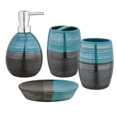 a bathroom set with blue and grey stripes