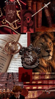 a collage of harry potter's hogwarts books, necklaces and other items