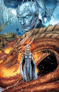 an image of a woman standing in front of a fire and ice dragon with her eyes closed