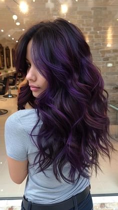 30 Balayage Hair Color Ideas to Brighten Your 2024 Look Long Dark Hair Dye Ideas, Dark Brown Purple Hair Ombre, Galaxy Bayalage Hair, Hair Color Ideas With Dark Base, Highlights Color Ideas For Black Hair, Eggplant Bayalage Hair