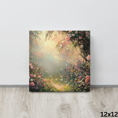 an image of a painting on the wall with flowers and sunlight coming through it, in front of a wooden floor