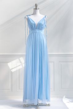 A charming dress for your next formal event, the Athena maxi in sky blue features adjustable tie shoulders, a dramatic double-slit skirt, an open back, empire waistline, and airy tulle made for twirling! Please Note- This item is final sale only. . Details: S: Bust: 32"-34", Waist: 28" M: Bust: 34"-36", Waist: 30" L: Bust: 36"-38", Waist: 32" Skirt Length Waist to Hem: 46" Length Waist to Skirt Slit: 10" Center Back Zipper 100% Polyester Lined Hand Wash Cold / Flat Dry Imported Tulle Maxi Dress, Empire Waistline, Romantic Dress, Feminine Dress, French Inspired, French Girl, French Fashion, Parisian Style, Skirt Length