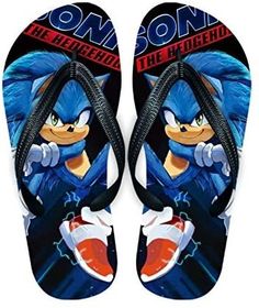 a pair of flip flops with an image of sonic the hedgehog on them