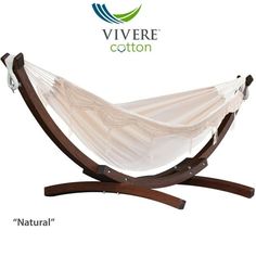 a white hammock sitting on top of a wooden stand with the words vivre cotton