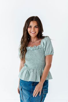 Sutton Smocked Top – Livy&Kate Clothing Casual Smocked Dress With Puff Sleeves And Elastic Neckline, Casual Non-stretch Smocked Top With Smocked Back, Casual Non-stretch Smocked Top, Fall Smocked Short Sleeve Top With Ruffles, Fall Smocked Top With Ruffles And Short Sleeves, Casual Smocked Top With Ruffles, Fall Short Sleeve Smocked Top With Ruffles, Casual Peasant Top With Ruffle Sleeves, Casual Smocked Top With Ruched Ruffle Sleeves