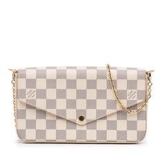 This Louis Vuitton Pochette Félicie is made of white Damier Azur Canvas. The Bag can either be carried by hand, like a clutch, or crossbody thanks to the detachable gold-tone chain strap. It is closed by a snap fastener and the interior offers slip pockets. Pochette Felicie, Gucci Bamboo, Louis Vuitton Damier Azur, Louis Vuitton Pochette, Diaper Backpack, Casual Backpack, Kids Bags, Chain Strap, Cowhide Leather