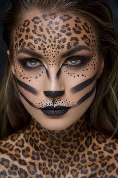 Animal Face Paintings Adult, Cougar Halloween Makeup, Leopard Print Face Paint, Cougar Face Paint, Diy Leopard Costume Women, Leopard Makeup Halloween Easy, Diy Cheetah Costume Women, Leopard Costume Makeup, Leapord Makeup Looks