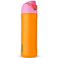 an orange and pink insulated water bottle on a white background with the lid down