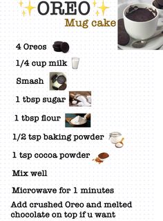 the recipe for oreo mug cake is shown