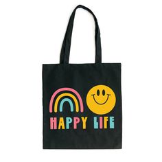 Looking for a cute tote bag to carry all your essentials this summer? This cute Happy Life bag will be perfect to add to your collection. Perfect for a day at the beach or every day life! Playful Black Bag For Everyday Use, Playful Black Bags For Everyday Use, Cute Black Summer Shoulder Bag, Fun Everyday Bag With Letter Print, Fun Everyday Bags With Letter Print, Fun Canvas Bag For Everyday Use, Fun Canvas Gift Bag For Everyday Use, Playful Canvas Gift Bag For Everyday Use, Playful Black Rectangular Bag