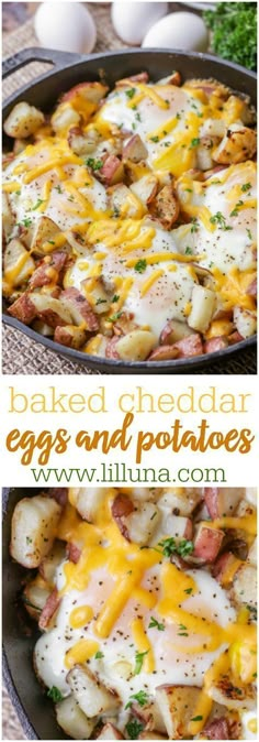 baked cheesy eggs and potatoes in a cast iron skillet with text overlay