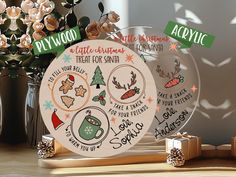 three plates with christmas designs on them sitting on a table next to vases and flowers