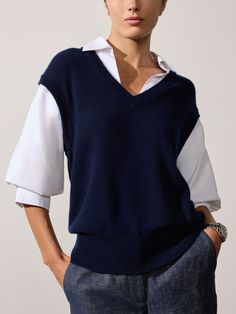 Women's Kate Shirt Looker in Navy | Brochu Walker Layered Knitwear, V Neck Vest, Brochu Walker, Feminine Shirts, Blouson Sleeve, Ribbed Neckline, Eyewear Design, Elbow Length Sleeve, Fall 2024