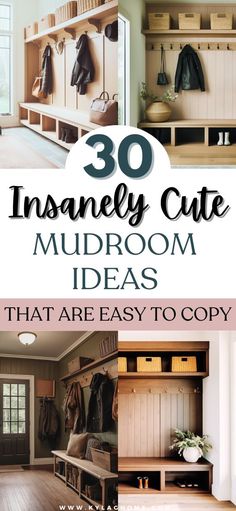 the inside of a mudroom with wooden shelves and coat racks