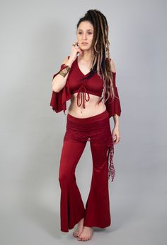 "Leggings for Women, Red Pants, Skirt over Leggings, Boho Festival Fashion, Yoga Pants, Bellydance Pants, Lace Leggings, Bell Bottom Pants. Red skirt over leggings pants for women with Bellydance style. These boho-hippie pants are wonderful for all dance and movement as well as tribal fusion and Bellydance, for burning man and other festival outfits, and many more occasions. ❀ Features: ✓ Made from comfortable and elastic 95% Viscose lycra and 5% cotton fabric ✓ Viscose fabric made from tree pul Bohemian Fitted Bottoms For Festivals, Fitted Full Length Red Yoga Pants, Stretch Harem Bottoms For Festival, Fitted Hippie Party Pants, Stretch Harem Pants For Festivals, Stretch Red Harem Pants, Fitted Hippie Pants For Party, Fitted Hippie Style Pants For Party, Red Stretch Harem Pants