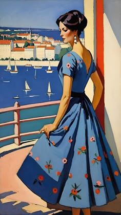 a painting of a woman in a blue dress looking out at the water and boats