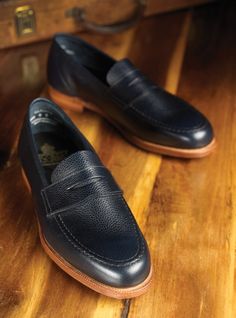 The Harvard Loafer in Navy Pebble Grain Navy Loafers With Leather Sole For Work, Classic Navy Loafers With Leather Sole, Classic Navy Loafers With Round Toe, Navy Business Loafers With Rubber Sole, Navy Loafers With Leather Sole For Business, Navy Business Loafers With Leather Sole, Classic Navy Plain Toe Loafers, Classic Blue Goodyear Welted Loafers, Classic Navy Oxfords With Plain Toe