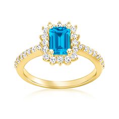 Ross-Simons - 1.30ct Swiss Blue Topaz Ring, .48ct t. w. Diamonds in 14kt Yellow Gold. Size 10. Treat yourself to remarkable vibrancy and sparkle! Our glamorous ring features an ultra-bright 1.30 carat emerald-cut Swiss blue topaz in a scintillating frame of .48 ct. t. w. round brilliant-cut diamonds. Finely crafted in polished 14kt yellow gold. 3/8" wide. Diamond and Swiss blue topaz ring. Blue Topaz birthstones are the perfect gift for December birthdays. Swiss Blue Topaz Ring, Topaz Birthstone, Ring Blue, Swiss Blue Topaz, Blue Topaz Ring, Topaz Ring, Round Brilliant Cut Diamond, Emerald Cut, Blue Topaz