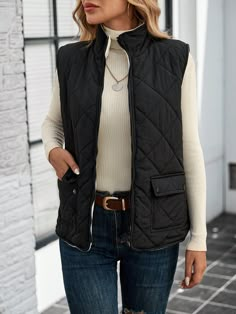 Black Casual Gilet Streetwear Fashion Padded Coat For Women, Autumn/Winter Black Casual  Sleeveless Woven Fabric Plain vest Non-Stretch  Women Clothing, size features are:Bust: ,Length: ,Sleeve Length: Black Vest Women, Winter Mode Outfits, Chaleco Casual, Outerwear Women Winter, Streetwear Mode, Chic Fall Outfits, Coat For Women, Clothing Patches, Outfit Inspiration Fall