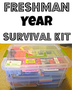 a plastic container filled with different types of items and the words freshman year survival kit