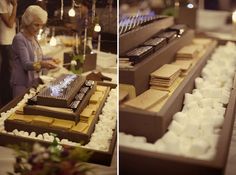 two pictures of an old woman standing in front of a table with desserts on it