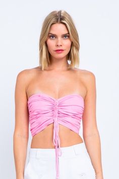 Pink Strapless Ruched Crop Top Flirty Fitted Ruched Crop Top, Fitted Ruched Bandeau Crop Top, Ruched Bandeau Crop Top For Party, Fitted Ruched Strapless Crop Top, Spring Satin Stretch Crop Top, Cropped Satin Halter Top, Spring Bandeau Crop Top For Night Out, Flirty Ruched Crop Top For Spring, Spring Flirty Ruched Crop Top