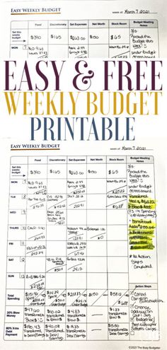 the easy and free printable weekly budget binder is shown in yellow, black and white