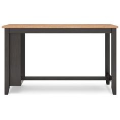 the table is made from wood and has a black frame with a light brown top