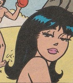 an image of a woman with blue hair and no shirt on in front of a cartoon character