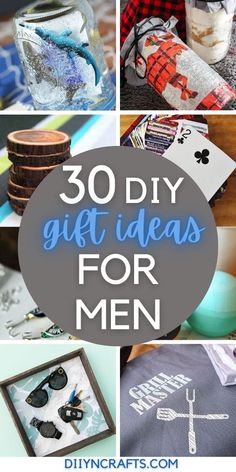 the words 30 diy gift ideas for men are shown in this collage with pictures of