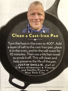 an advertisement for a cast iron pan with a man's face on it