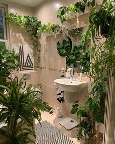 a bathroom filled with plants and a sink