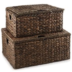 two brown wicker baskets stacked on top of each other