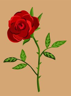 a single red rose with green leaves on a brown background