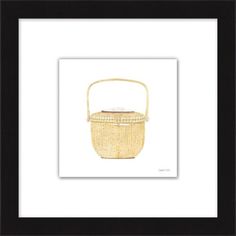 a basket with handles on it in a black and white framed art print by person