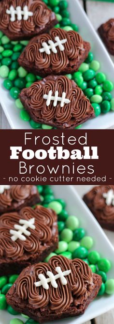 frosted football brownies are on a plate