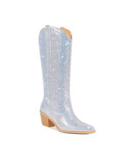 Step into the spotlight with these dazzling rhinestone-embellished cowboy boots, designed to make a statement wherever you go. Featuring a shimmering exterior covered in meticulously placed rhinestones, these boots bring a sparkling twist to the classic Western silhouette. The pointed toe and stacked low heel add both elegance and comfort, making them perfect for both day and night wear. Crafted with a durable sole and cushioned insole, these boots provide all-day comfort while maintaining a chi Black Rhinestone Boots, Sparkly Black Cowboy Boots, Elegant Rhinestone Closed-toe Boots, Black Crystal-embellished Boots For Night Out, Luxury Crystal-embellished Party Boots, Western Silhouette, Rhinestone Boots, Ruffle Skirts, Floral Heels