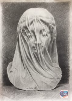 a pencil drawing of a woman's head covered in a veil, with the caption