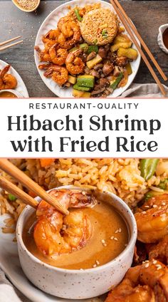 a plate with shrimp, rice and chopsticks next to a bowl of sauce