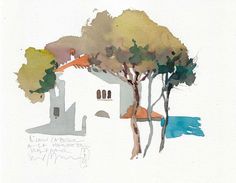 a watercolor painting of a church and trees