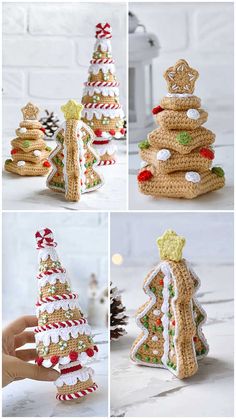 crocheted christmas trees made with yarn and buttons are shown in four different stages