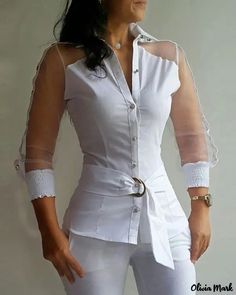 Color: white, Size: L Sheer Long Sleeve Shirt For Work, Sheer Long Sleeve Office Top, Casual Sheer Top For Office, Sheer Sleeves Button-up Tops For Fall, Sheer Button-up Top For Fall, Summer Button-up Top With Sheer Sleeves, Fall Sheer Sleeves Button-up Tops, Fall Button-up Top With Sheer Sleeves, Long Sleeve Sheer Tops For Office